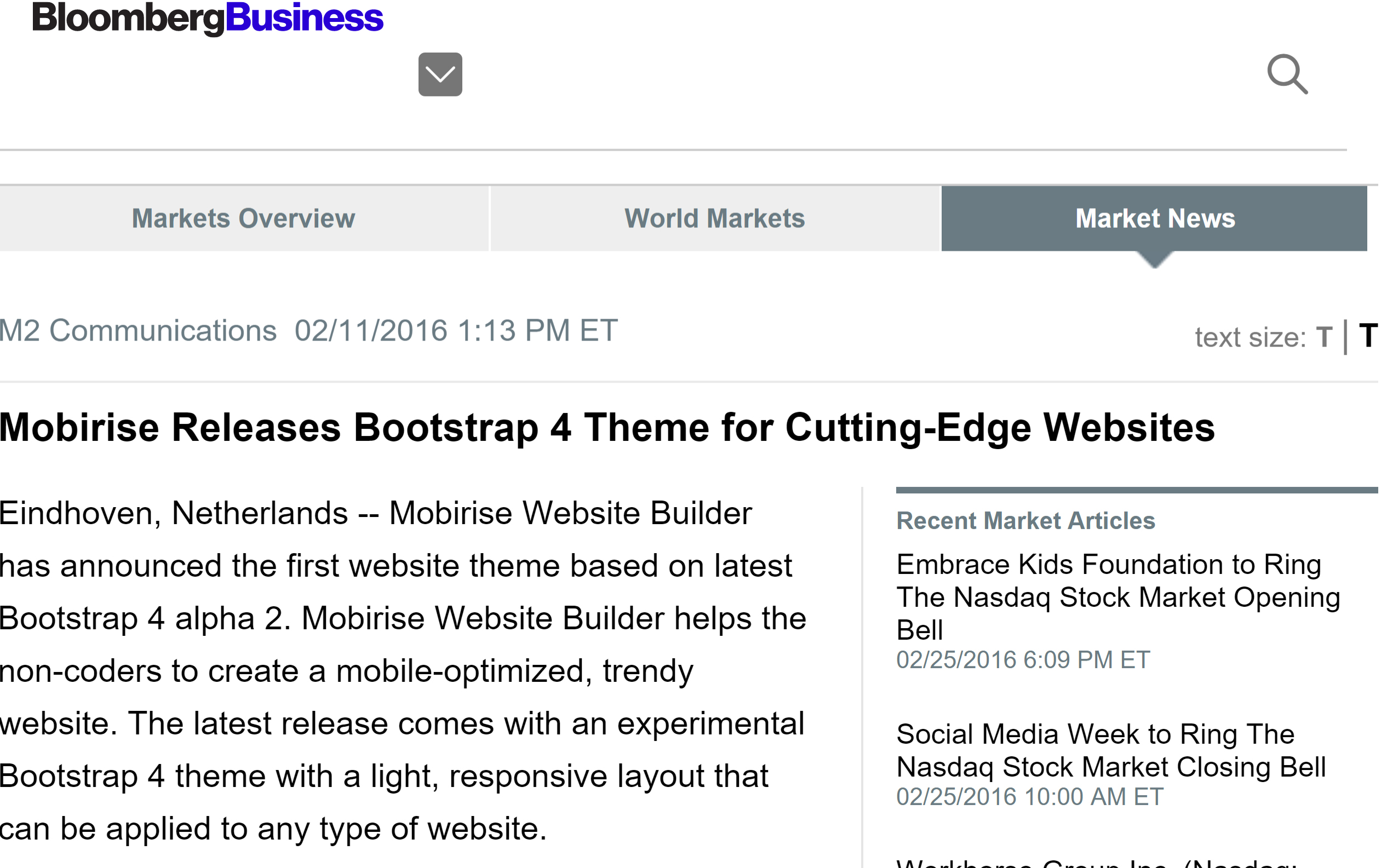 Bloomberg Business opens by describing Mobirise as a top website builder software for non-coders to create a mobile-optimised, trendy website