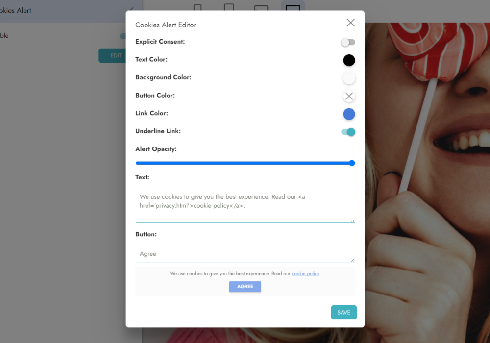 Use the tag with the href attribute like this: &lt;a href=%27privacy.html policy&lt;/a&gt; How to edit the appearance of a cookie alert?