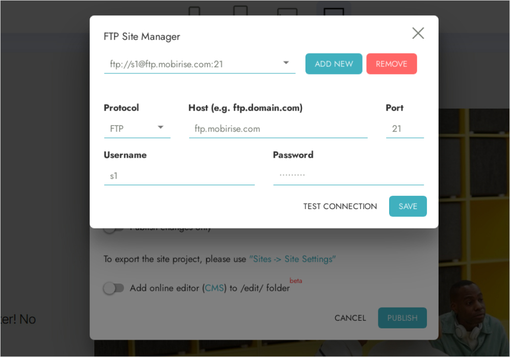 It allows you to publish your website on the Internet directly from the app.