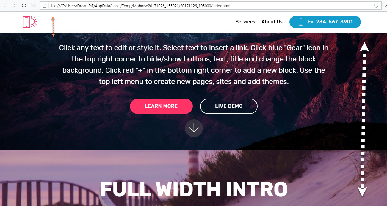 This is easily achievable in Mobirise Builder – we just need to use a full screen Header block and two little scripts you can get from here and just copy / paste in the page's head and end of body sections (Code Editor Extension needed)
So finally the page will load with no navigation visible like this: And when user scrolls down the navbar gracefully slides down so the navigation gets accessible It's really easy and actually – fun and takes just three steps: Make sure you have the Sticky option of your navbar turned on – this will make it always appear on the top of the page when the user scrolls it down Copy this snippet <style>
.navbar-fixed-top {
top:-70px;
opacity:0;
}
</style> And paste it in Inside page's head section in the Page Settings dialog Finally take this snippet <script> /*---------------------------------------*/ /*	NAVIGATION AND NAVIGATION VISIBLE ON SCROLL /*---------------------------------------*/
$( window ).on( "load", function() { mainNav(); $(window).scroll(function() { mainNav(); }); function mainNav() { var top = (document.documentElement && document.documentElement.scrollTop) || document.body.scrollTop; if (top > 40) $('.navbar-fixed-top').stop().animate({ "opacity": '1', "top": '0' }); else $('.navbar-fixed-top').stop().animate({ "top": '-70', "opacity": '0' }); } });
</script> and paste it in the page's End of body section – again in Page settings dialog a bit lower: That's basically it – you're done!
